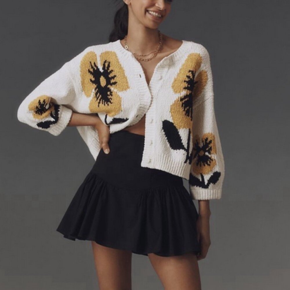 Anthropologie Maeve Elbow Sleeve Cardigan Sweater Floral Size L NWT Large - Picture 2 of 5